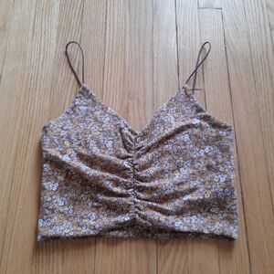 🐞2/$20🐞Floral Ruched Spaghetti Strap Top - Brown